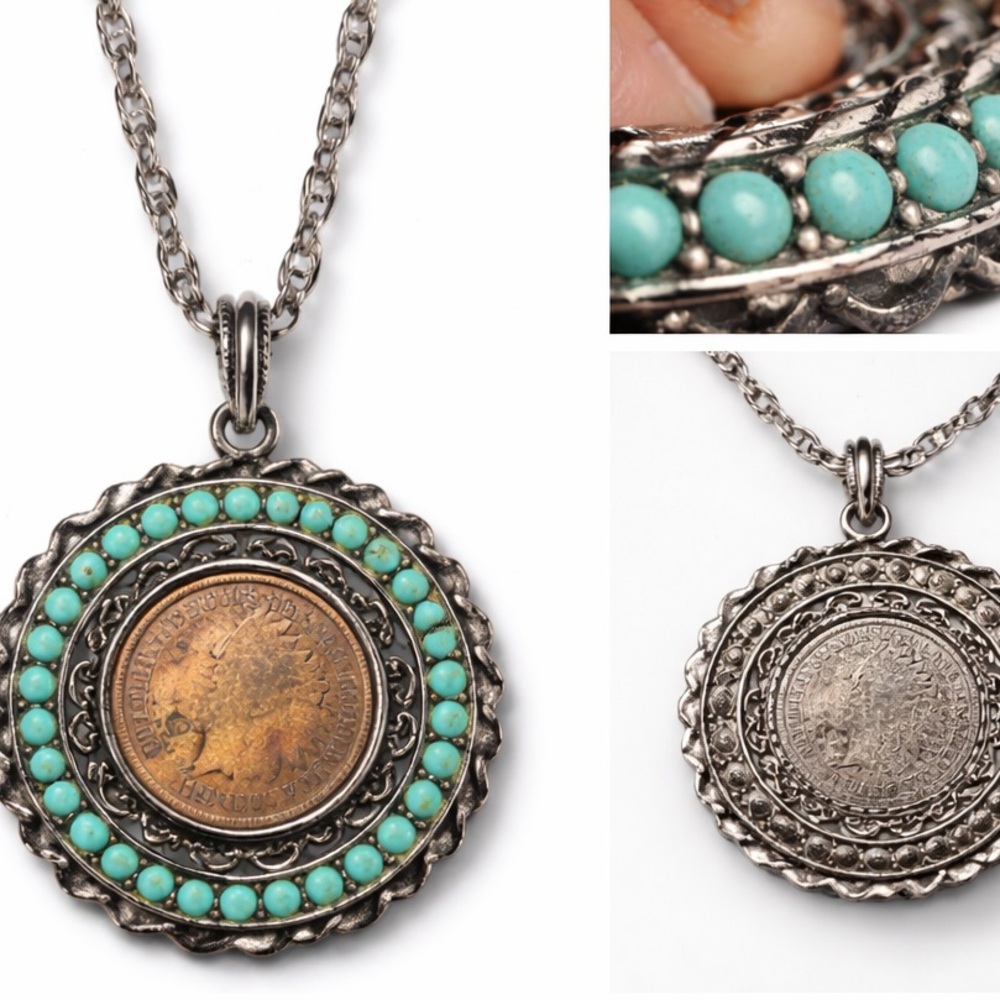 American Coin Treasures 1901 Indian Head Penny Necklace Turquoise Bead Pendant - Picture 4 of 4